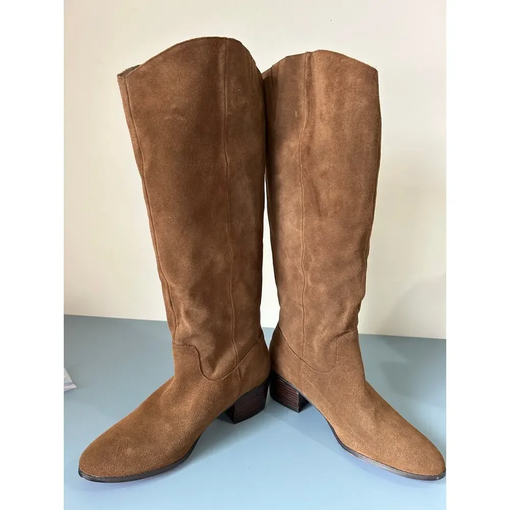Twiggy London brown suede tall boots womens 11 small heel pull on some flaws - Picture 10 of 11